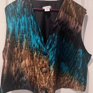 L Leeanne Hand Painted Silk Vest Blue Brown Black Abstract Button XL Women VTG